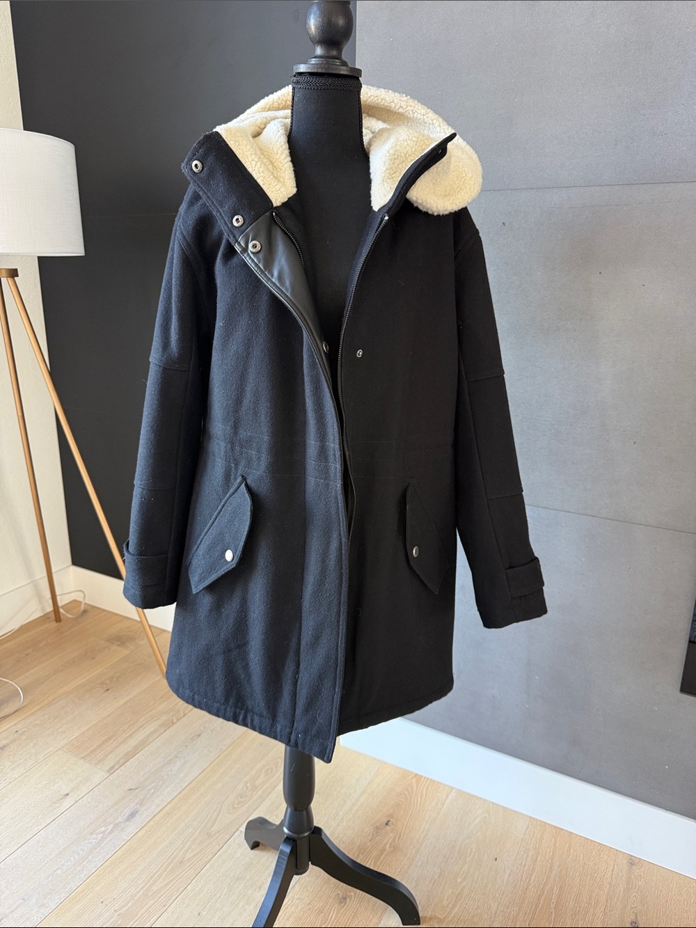 Women’s Black Hooded Coat with Cream Sherpa Lining